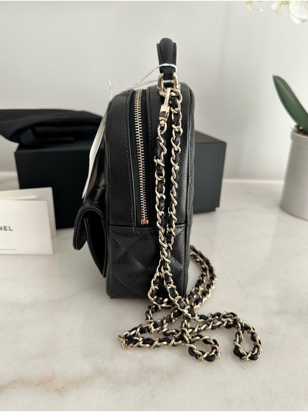 NWT 25C CHANEL Black Caviar Quilted Mini Backpack Bag with Gold Chain - Picture 5 of 10